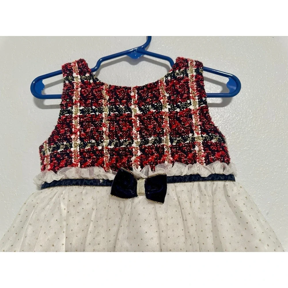 Blueberi Boulevard Plaid Tulle‎ Dress Girls 4T Red White Excellent Bow Metallic